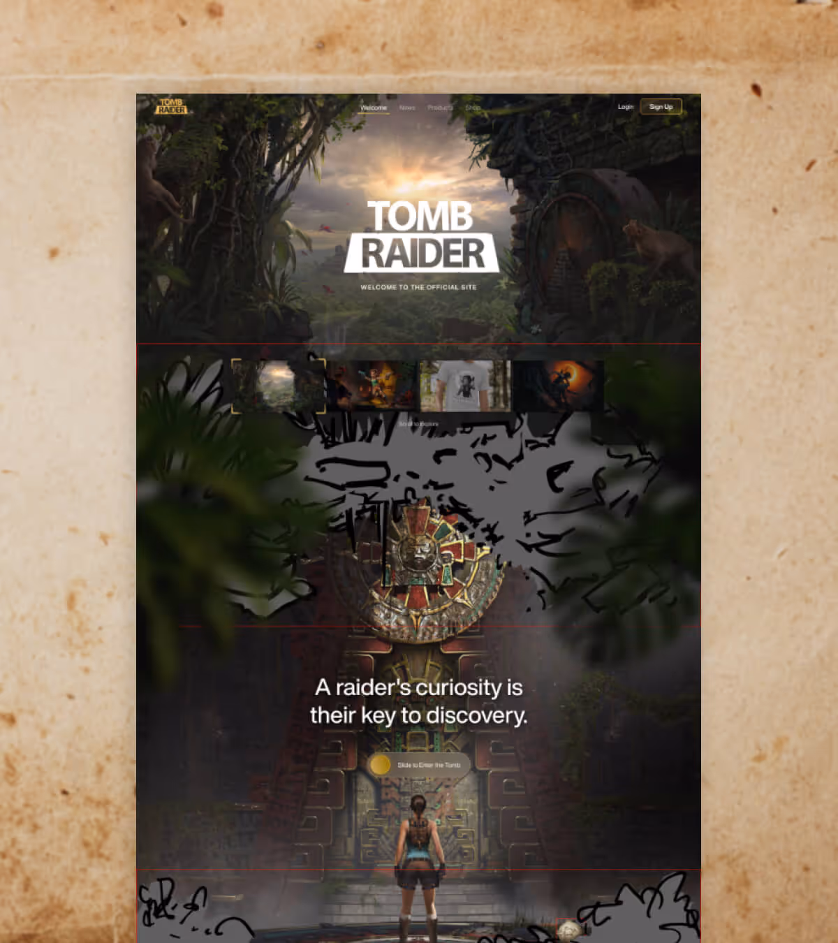 Tomb Raider official site homepage showing a character facing an ancient temple door with text: 'A raider's curiosity is their key to discovery.'