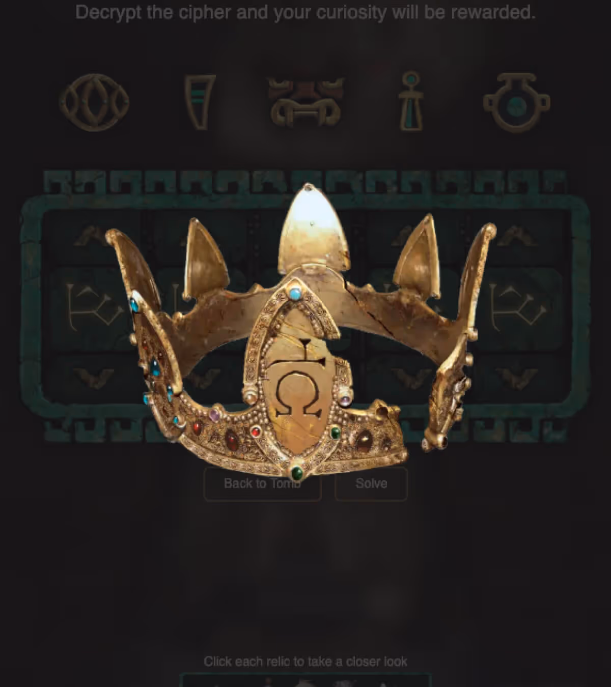 Ornate golden crown adorned with colorful gemstones and an Omega symbol on the front.