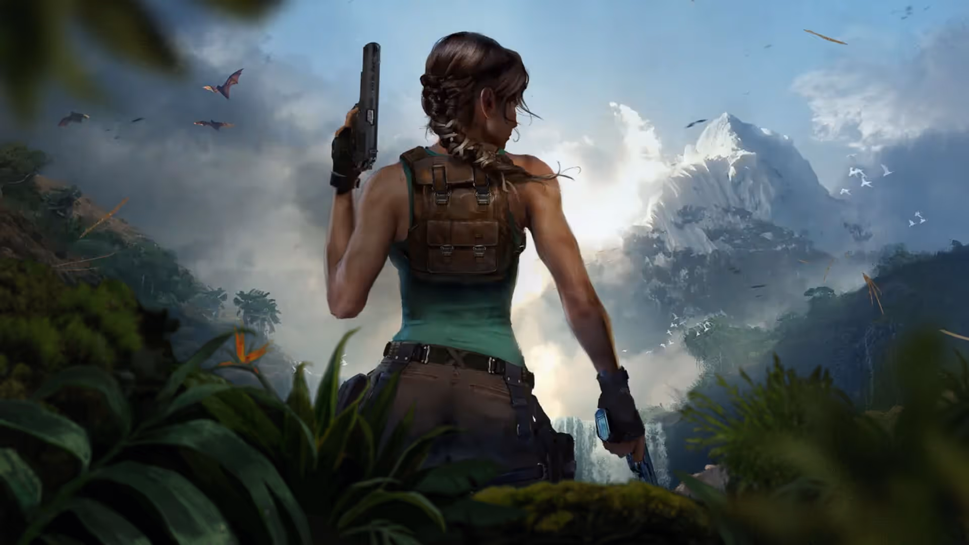 Back view of a Lara Croft holding two guns, standing in a jungle landscape with mountains and flying creatures in the background.