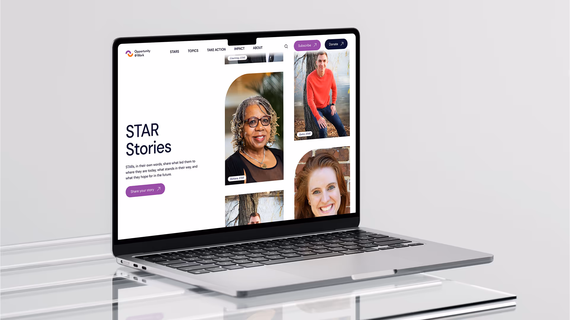 Laptop displaying a website titled 'STAR Stories' with photos of diverse individuals and a button labeled 'Share your story.'
