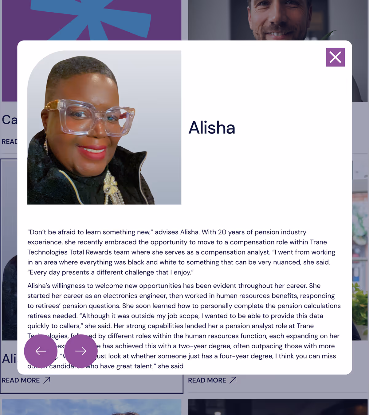Portrait of Alisha wearing large clear-framed glasses, a black jacket, pearl necklace, and smiling against a light background in a text overlay box.