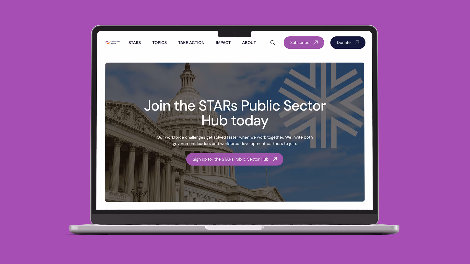Laptop screen showing a webpage inviting users to join the STARs Public Sector Hub with a background image of a government building dome.