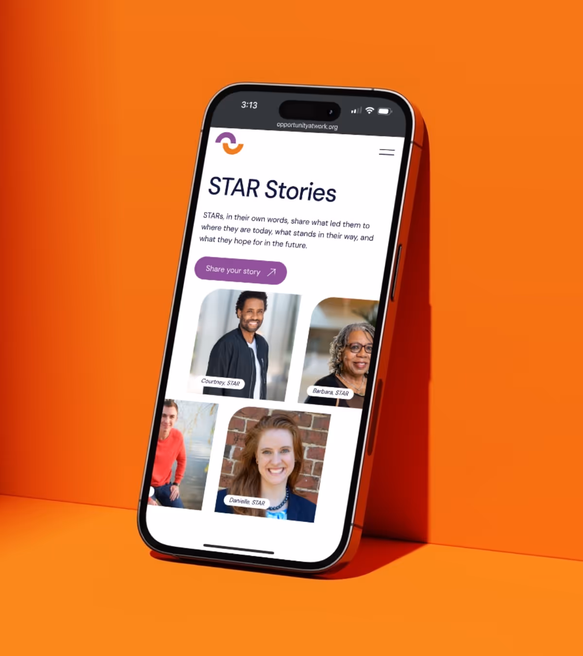 Smartphone displaying a webpage titled 'STAR Stories' with portraits of four diverse individuals and a 'Share your story' button on an orange background.