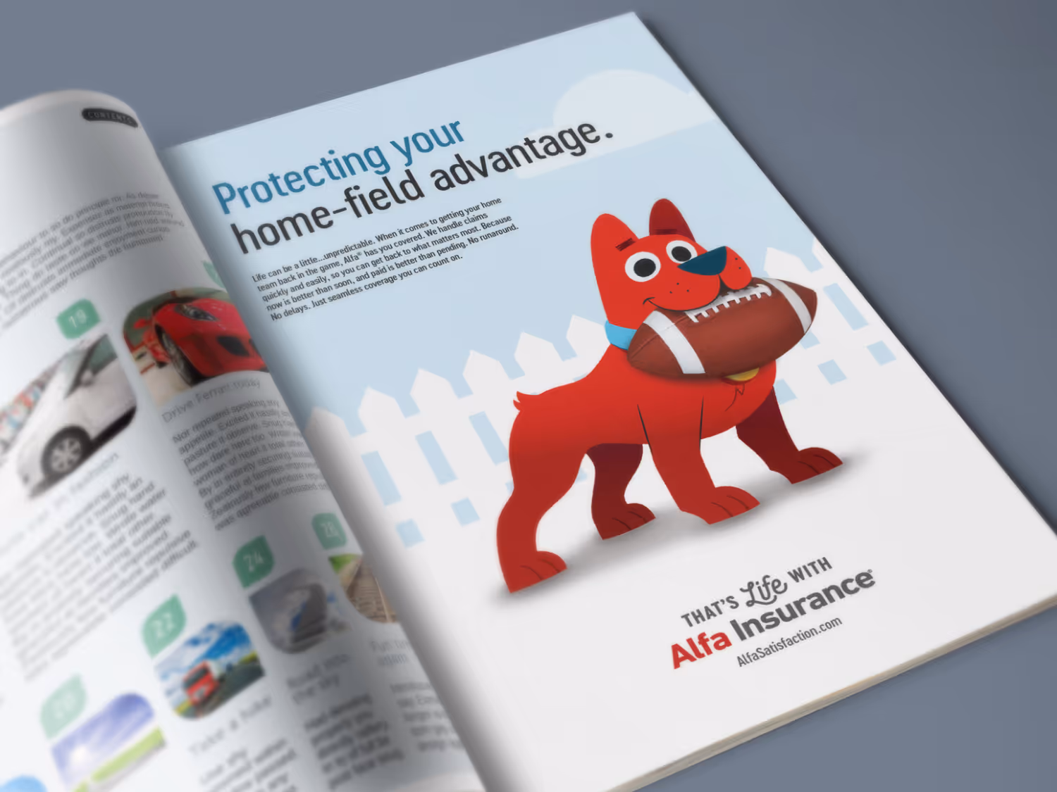 Magazine ad showing a red cartoon dog holding a football with text about protecting your home-field advantage by Alfa Insurance.