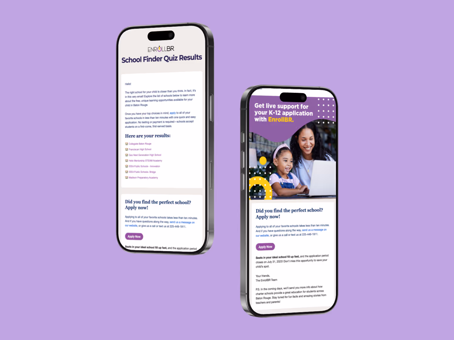 Two smartphones display School Finder Quiz Results via email and live support for K-12 applications with EnrollBR, featuring text and a mother with child on a laptop.