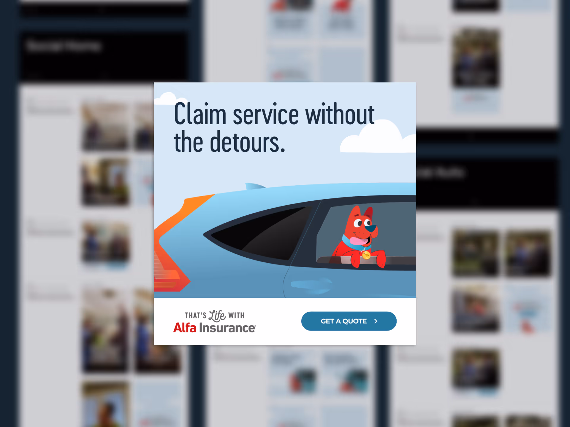 Alfa digital ad featuring red mascot dog riding in a car. Text: Claim service without the detours.