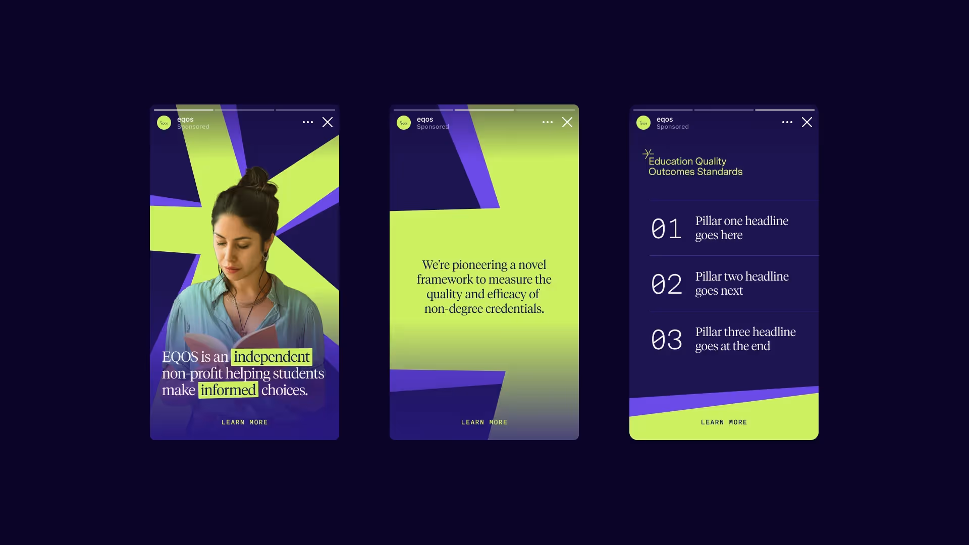 Three Instagram story slides from EQOS: a woman reading a book with text about independent and informed students, a statement about measuring quality of non-degree credentials, and a list of three Education Quality Outcomes Standards pillars.