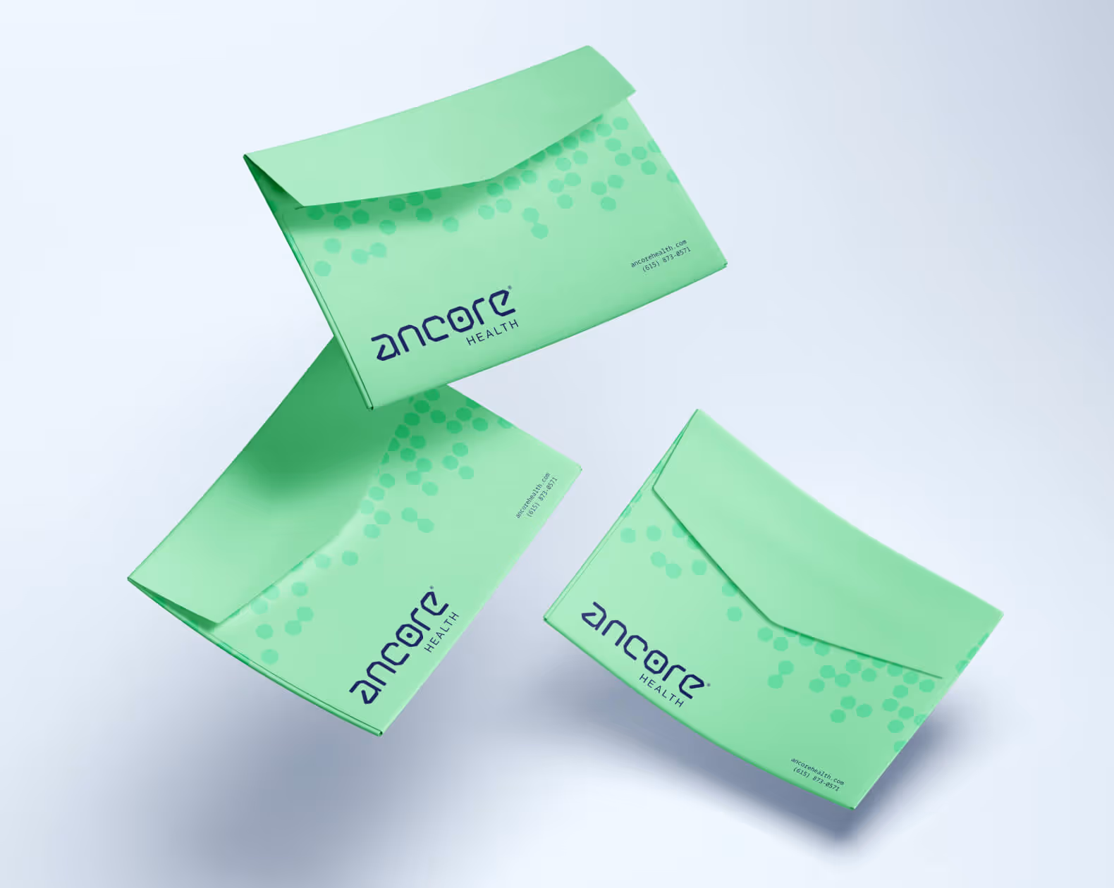 Three green envelopes with Ancore Health logo and dot pattern floating on a light background.