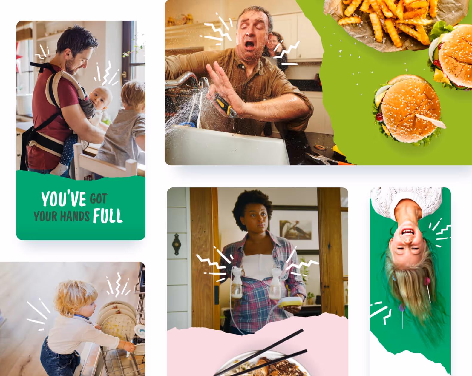 Collage showing busy parents and children: a man holding a baby and toddler, a man struggling with a leaking sink, a toddler loading a dishwasher, a woman wearing a breast pump, and a girl laughing upside down, alongside images of burgers and fries.