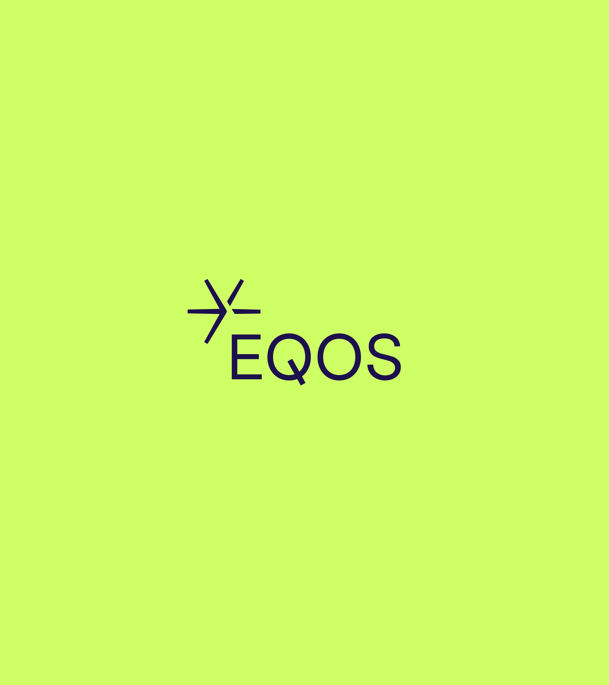 Dark navy EQOS logo with stylized arrow shapes on a bright lime green background.