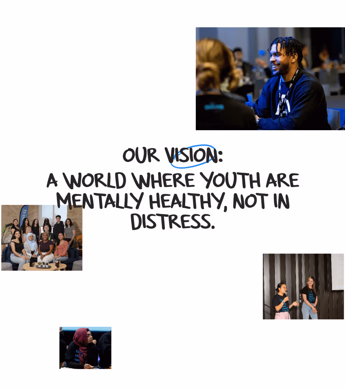 Collage with handwritten text stating 'Our vision: A world where youth are mentally healthy, not in distress,' surrounded by images of diverse young people in group discussions, presentations, and smiling.