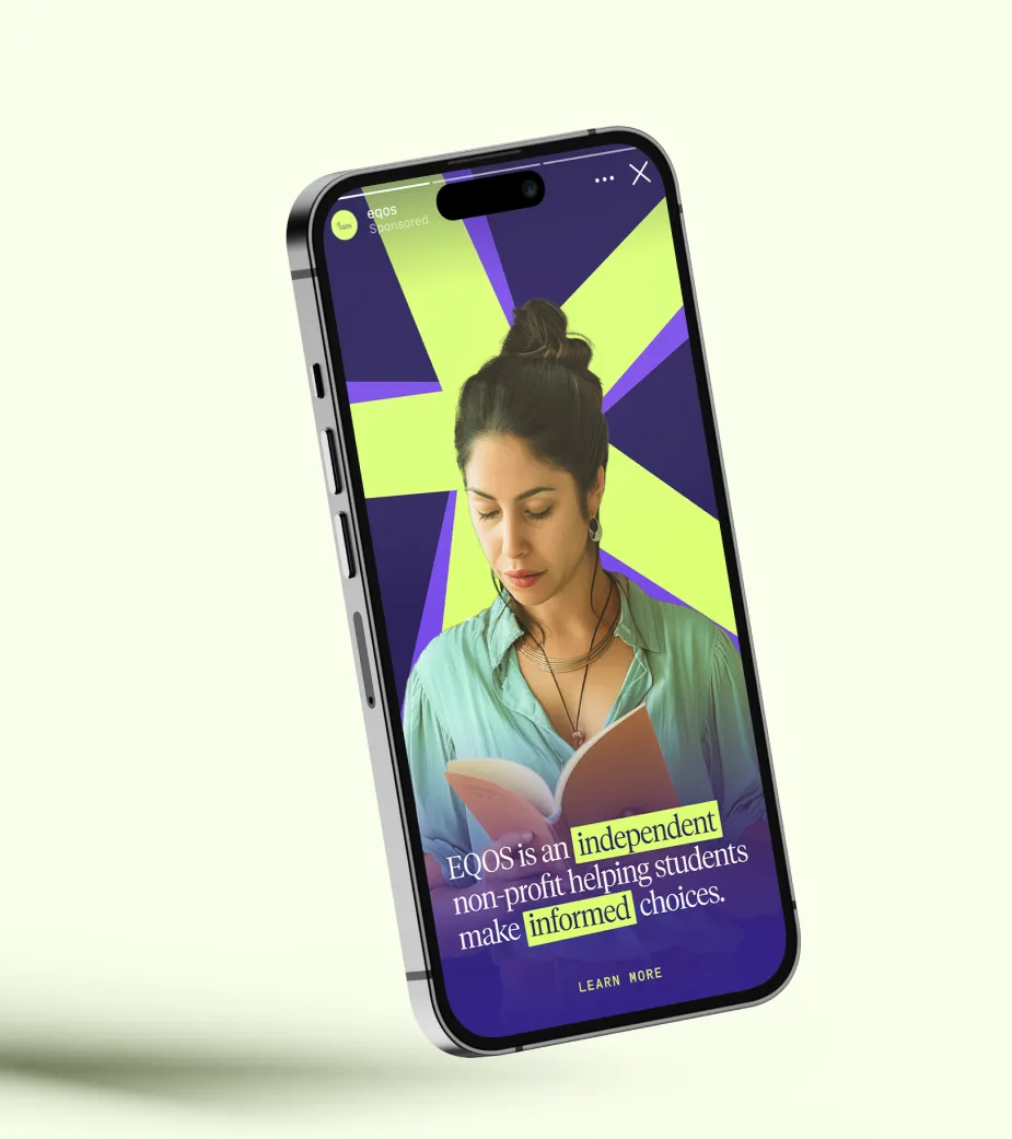 Smartphone displaying an ad with a woman reading a book and text about EQOS being an independent non-profit helping students make informed choices.