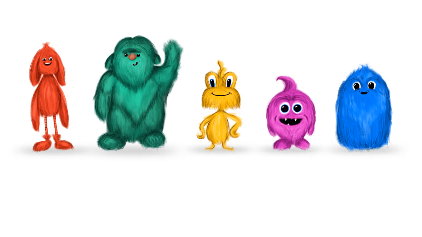 Five colorful cartoon creatures: a tall red furry one, a large green furry one waving, a small yellow one standing confidently, a round pink one with fangs, and a blue furry one with big eyes.