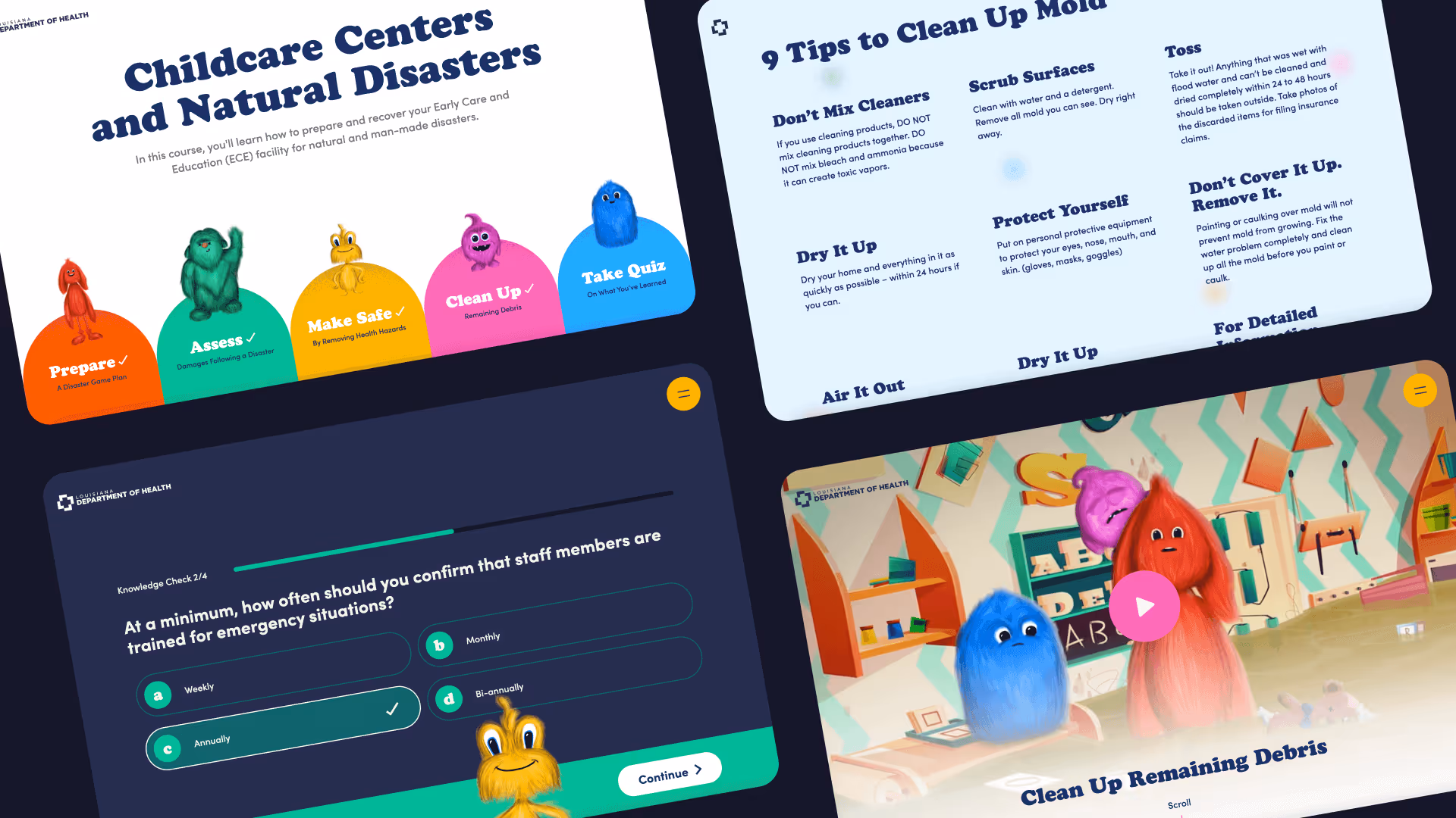 Four colorful tabs from a Louisiana Department of Health course on childcare centers and natural disasters, including Prepare, Assess, Make Safe, Clean Up, and Take Quiz alongside tips to clean mold and a quiz question on emergency training frequency with animated characters.