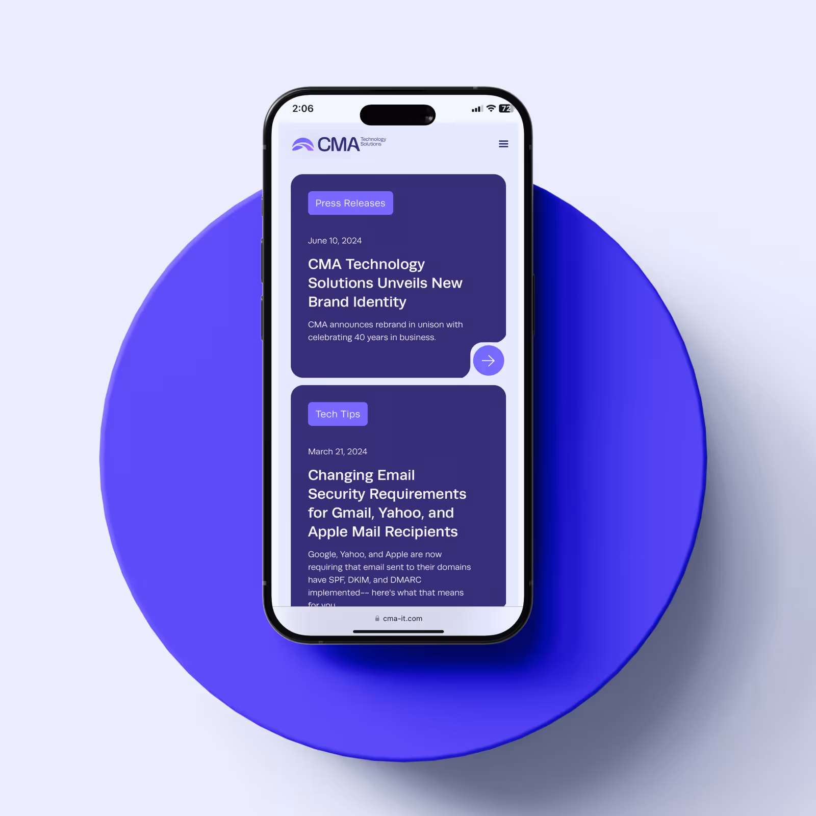 Smartphone displaying CMA Technology Solutions website with press release on new brand identity and a tech tip on email security.