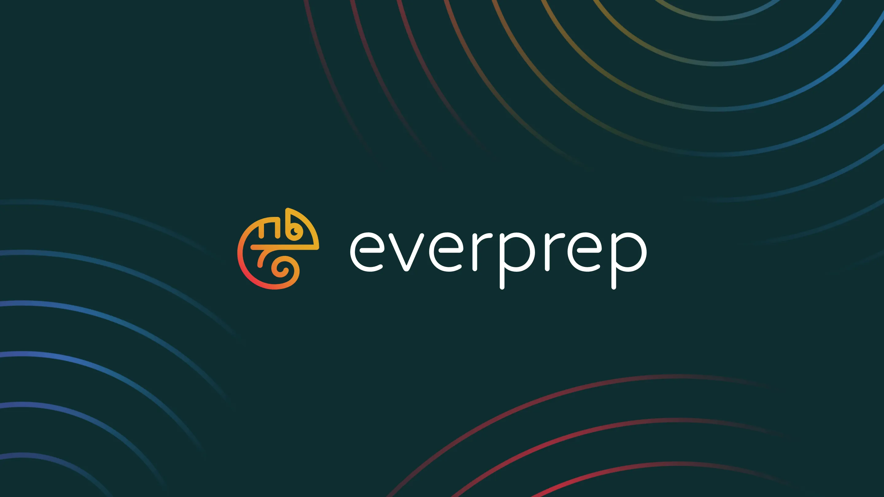 Everprep logo with a stylized orange and red chameleon graphic on a dark background with circular gradient accents.