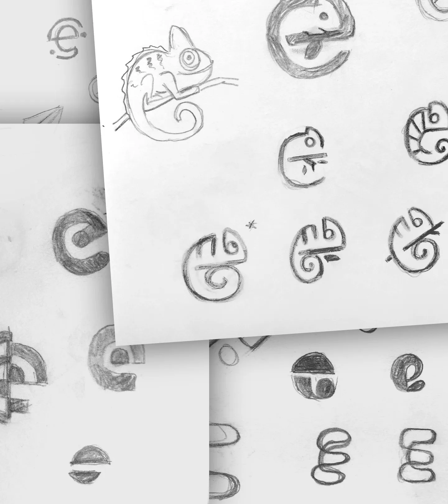 Pencil sketches of stylized chameleons and abstract letter 'e' designs on overlapping sheets of paper.