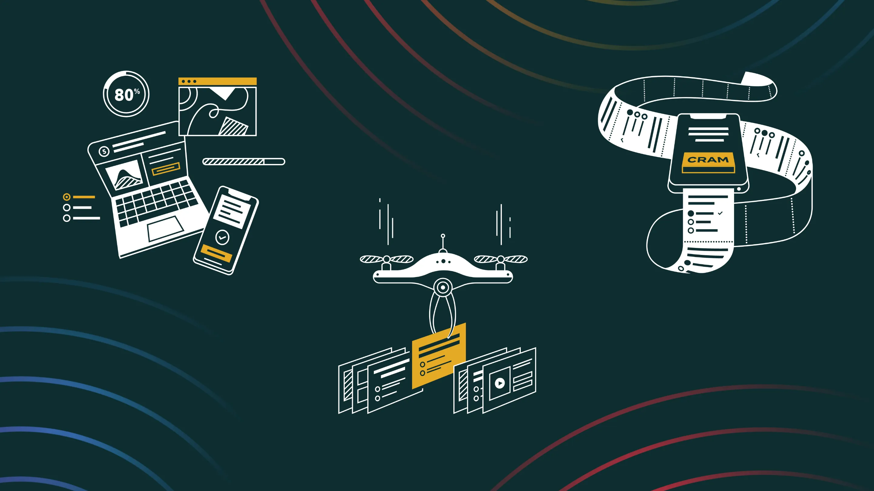 Illustration showing digital study tools including a laptop and phone with progress at 80%, a drone picking a quiz card, and a phone displaying a long test receipt labeled 'CRAM'.
