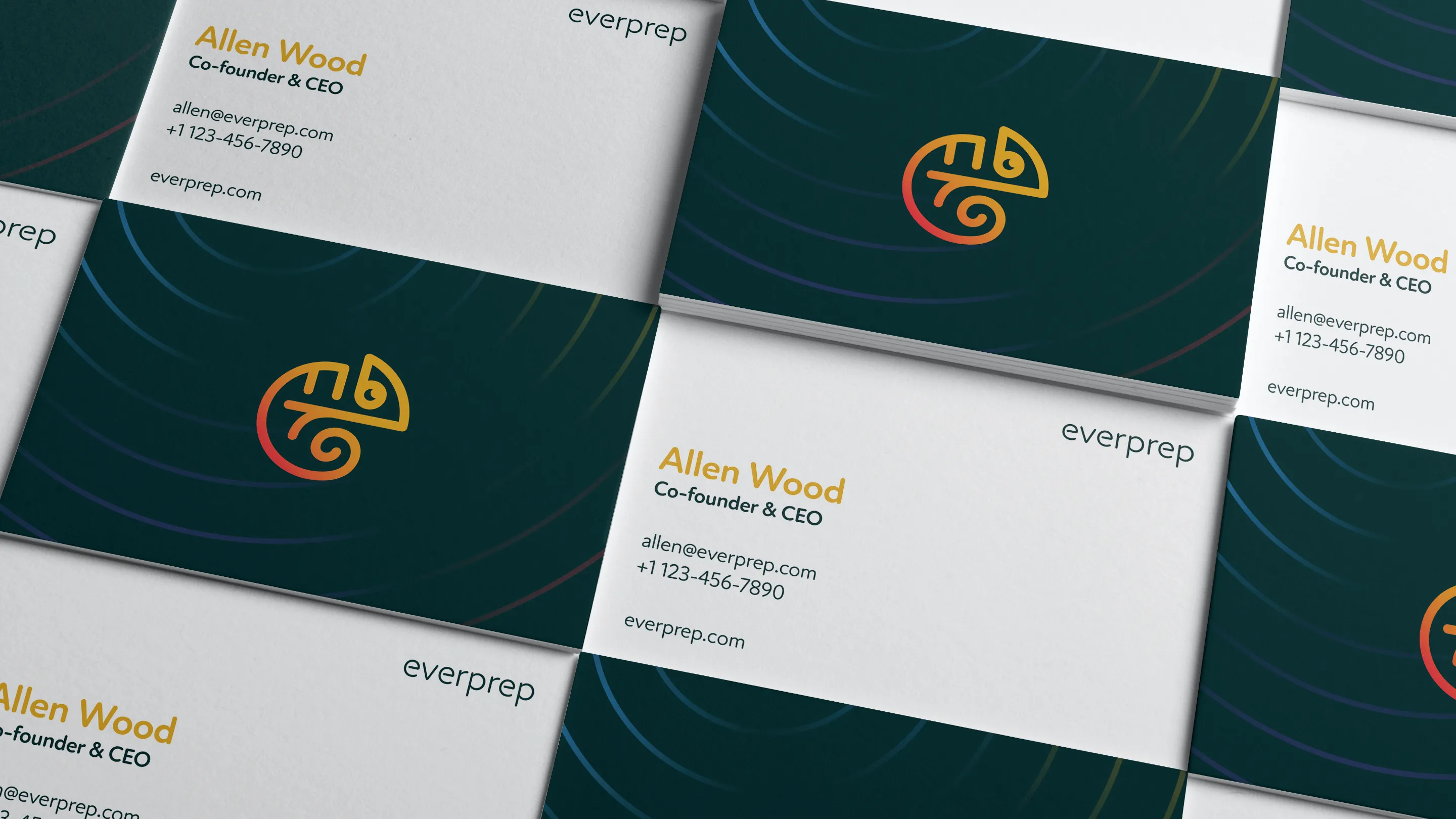 Stacked business cards for Allen Wood, Co-founder & CEO of Everprep, showing contact details and a chameleon logo.
