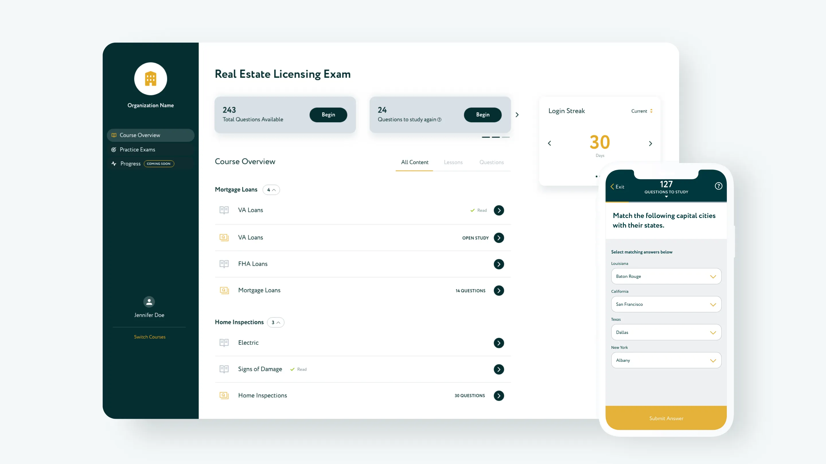 Dashboard interface for Real Estate Licensing Exam with course overview, study questions, login streak, and a mobile quiz matching capital cities to states.