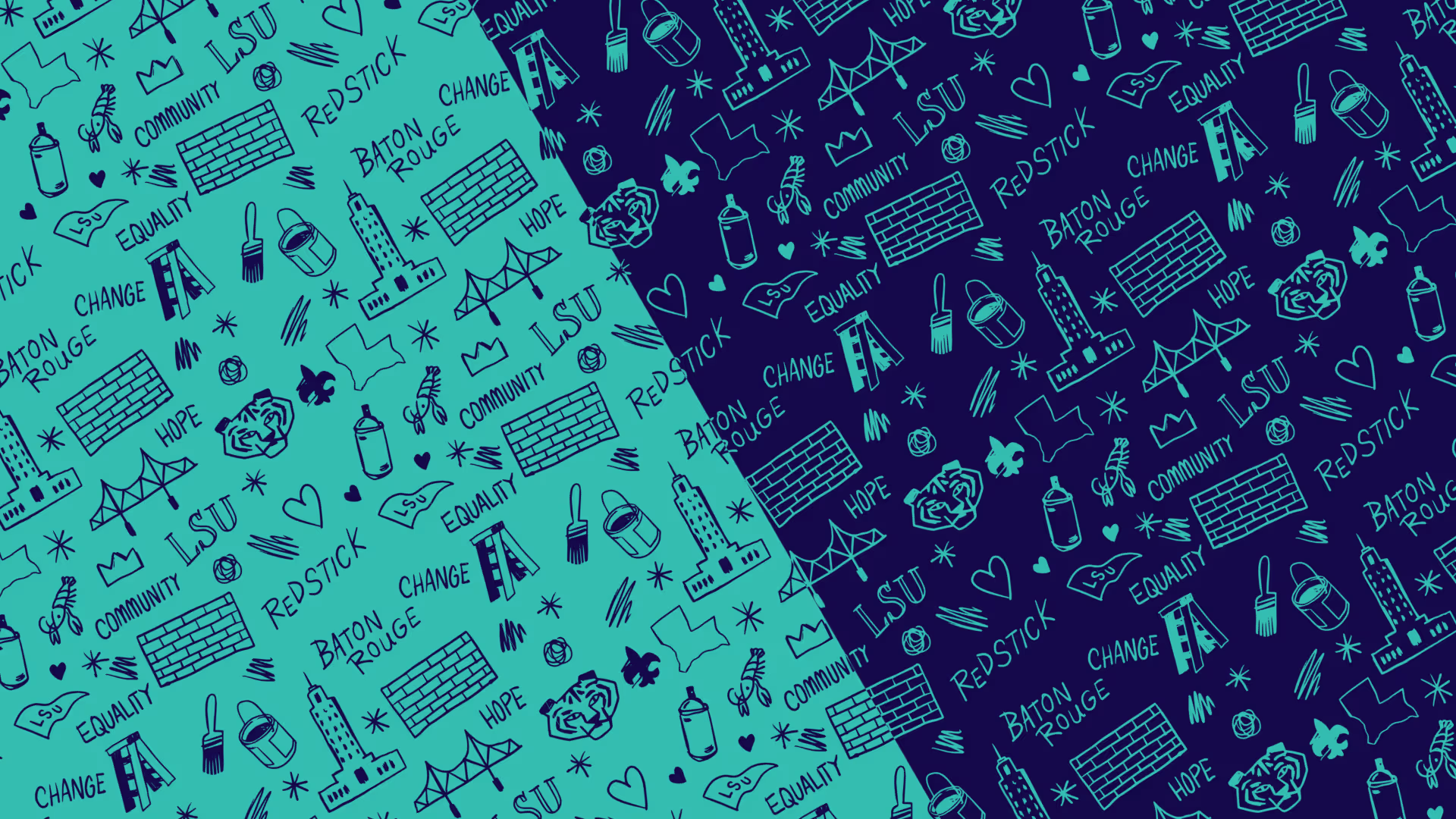 Pattern with repeated hand-drawn icons and words related to Baton Rouge and LSU, including bridges, buildings, paint brushes, hearts, crowns, fleur-de-lis, and words like equality, community, hope, change, and Redstick.