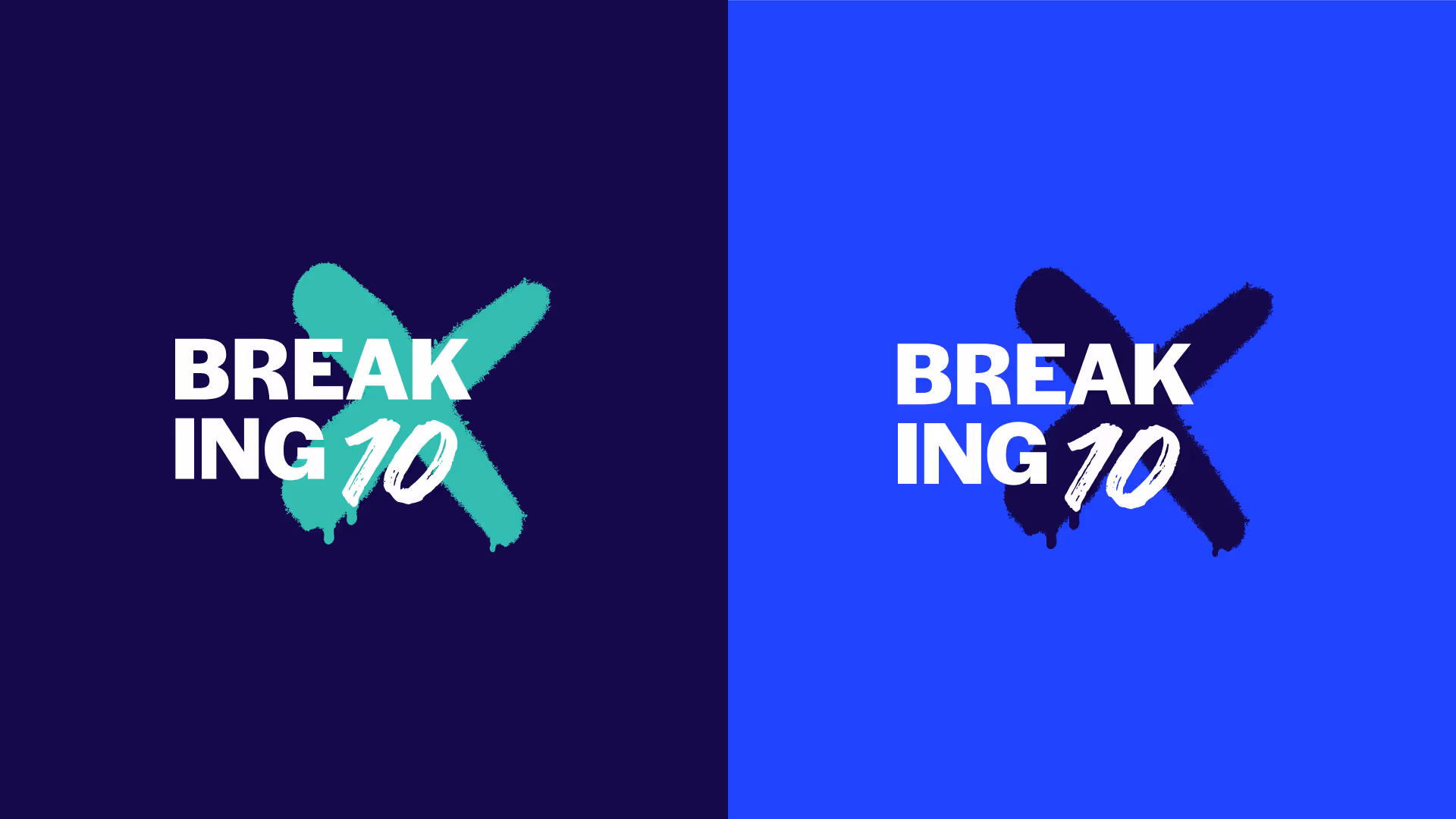 Split image with text 'BREAKING 10' over large X shapes; left side has turquoise X on dark blue background, right side has black X on bright blue background.