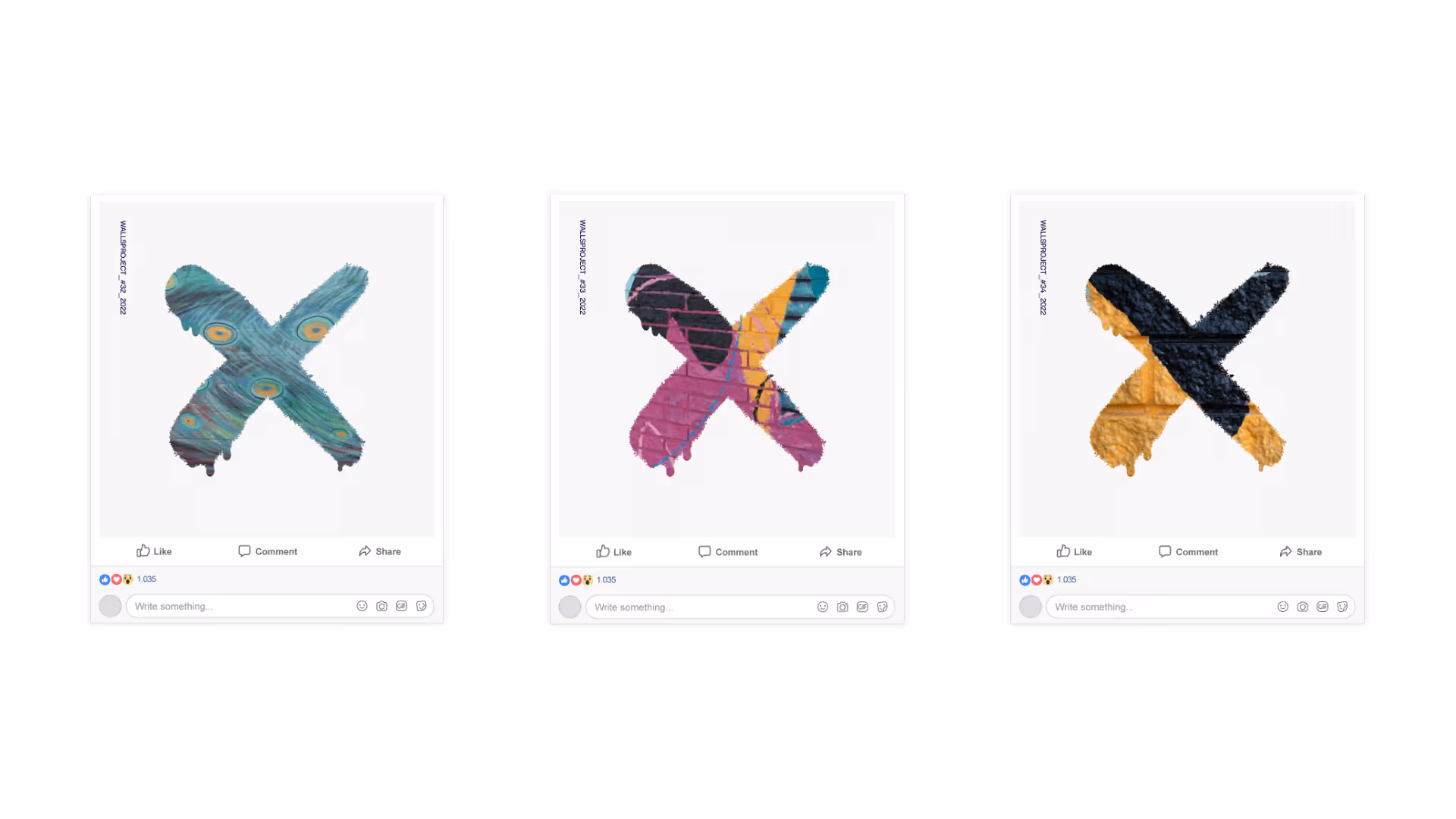 Three social media posts each showing a large painted X with different textures: peacock feather, colorful graffiti on brick, and black and yellow textured paint on wall.