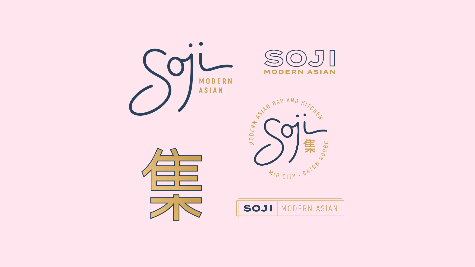 Five variations of the Soji Modern Asian logo in navy and gold on a pink background, including stylized script, block letters, and a Chinese character.