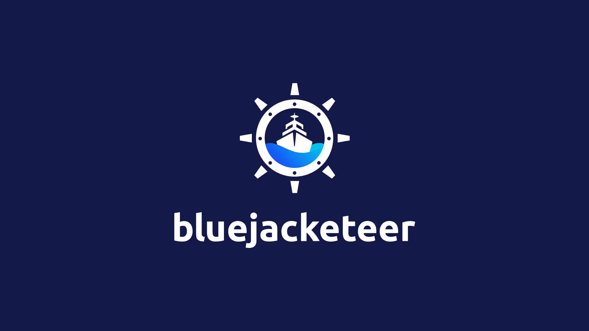 Bluejacketeer logo showing a ship inside a nautical ship wheel with waves beneath and text below on dark blue background.