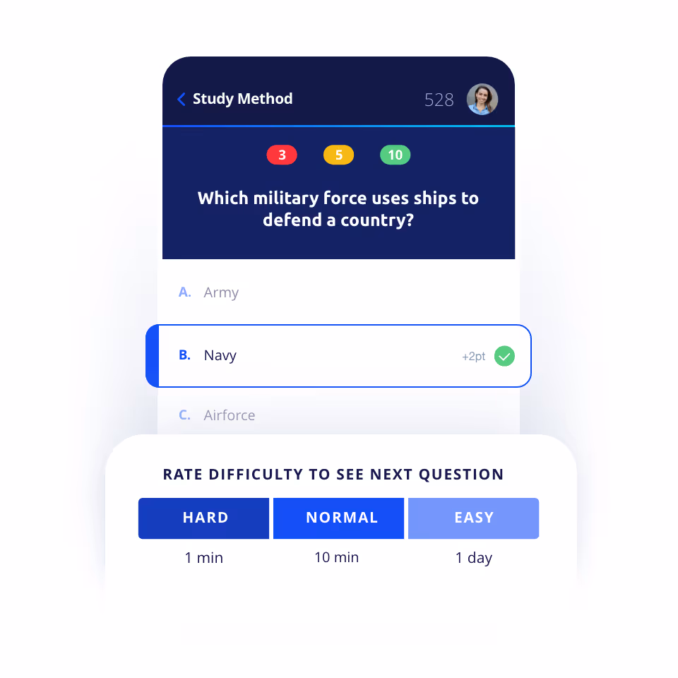 Quiz app screen showing a multiple-choice question about military forces defending a country, with the correct answer as Navy and options to rate difficulty to see the next question.