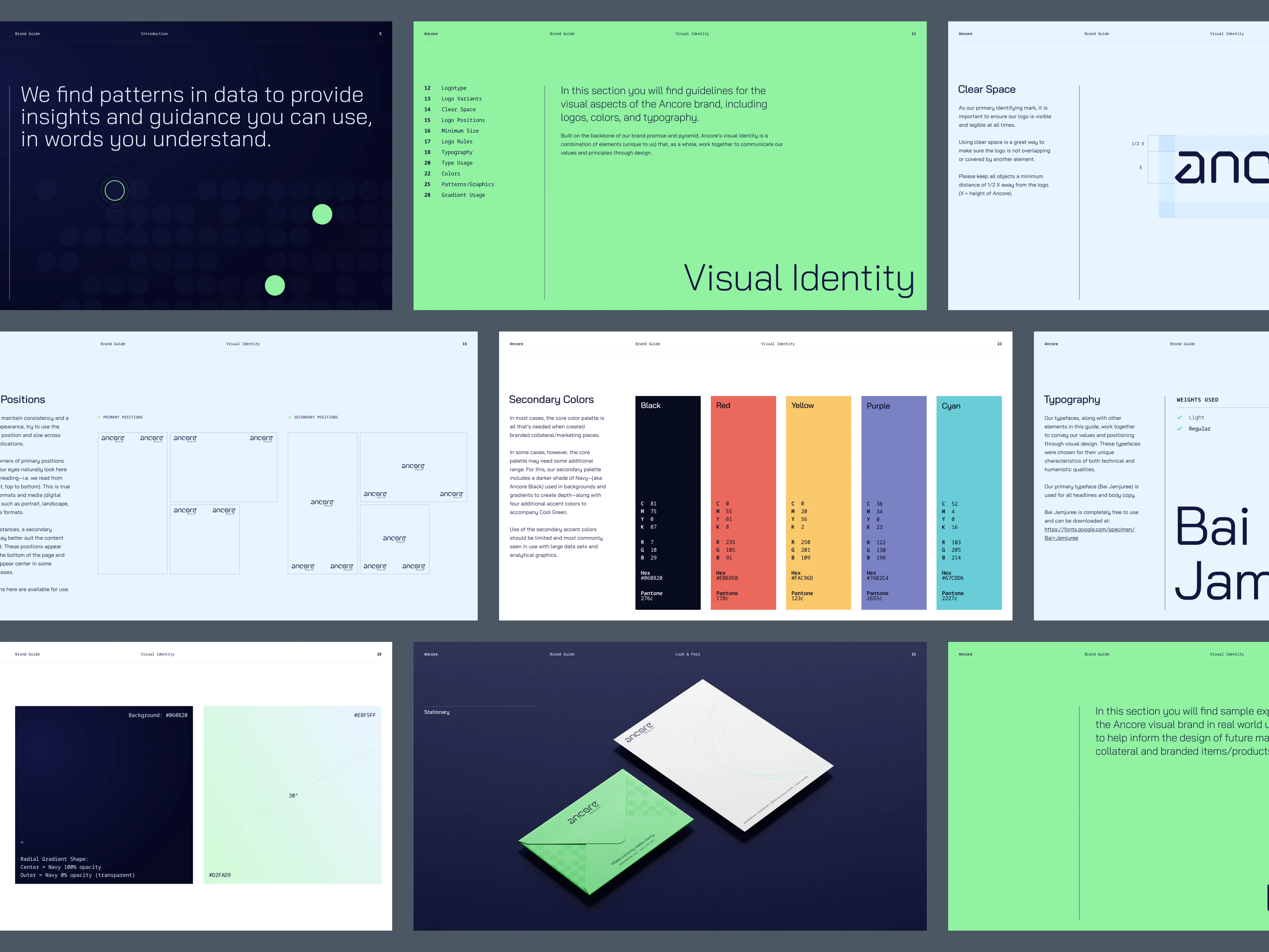 Multiple pages from an Ancore brand guide showing visual identity guidelines, including logo usage, color palette, typography, clear space, logo positioning, gradient usage, and stationery design.
