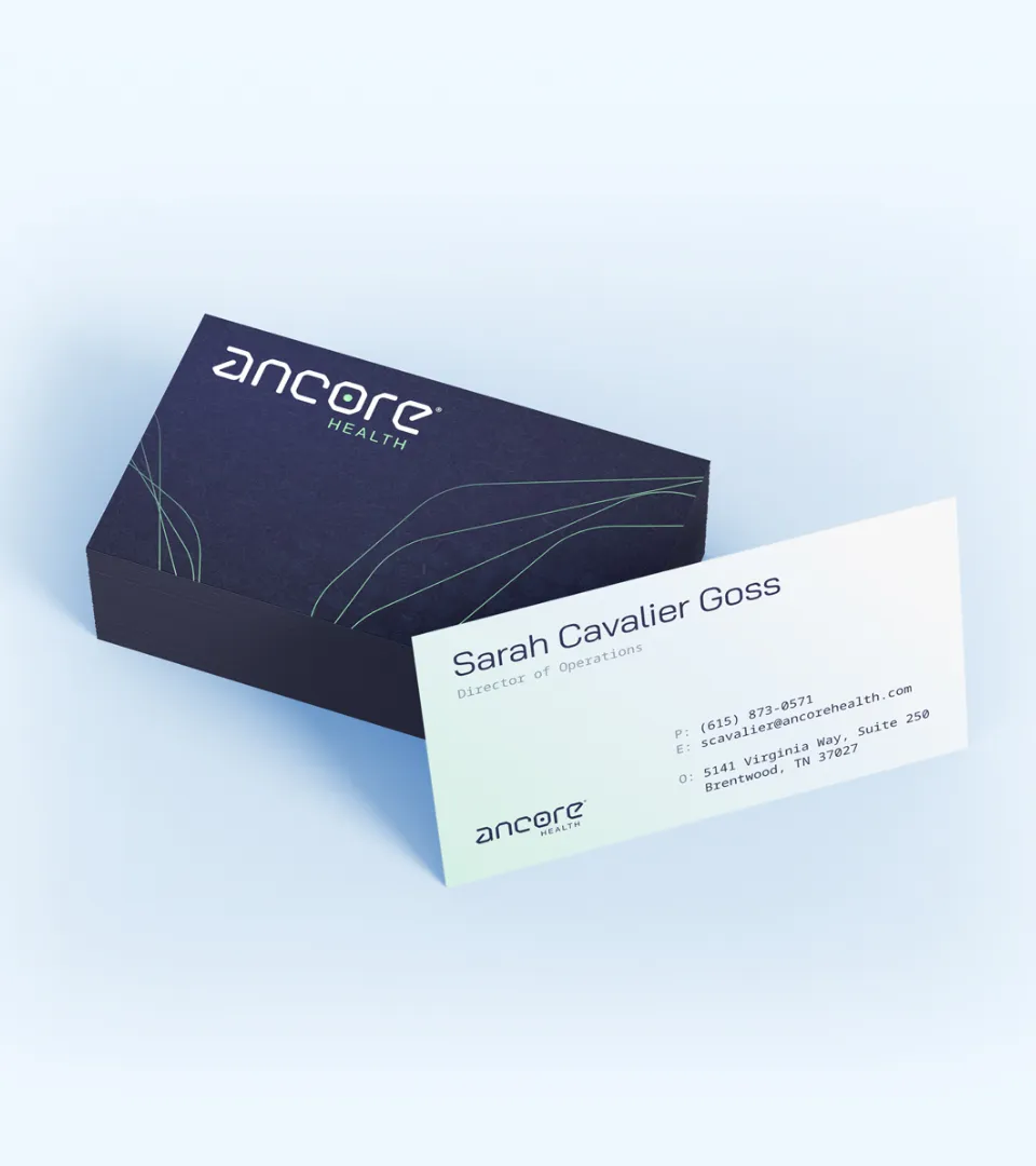 Business card for Sarah Cavalier Goss, Director of Operations at Ancore Health, showing contact details and company logo.