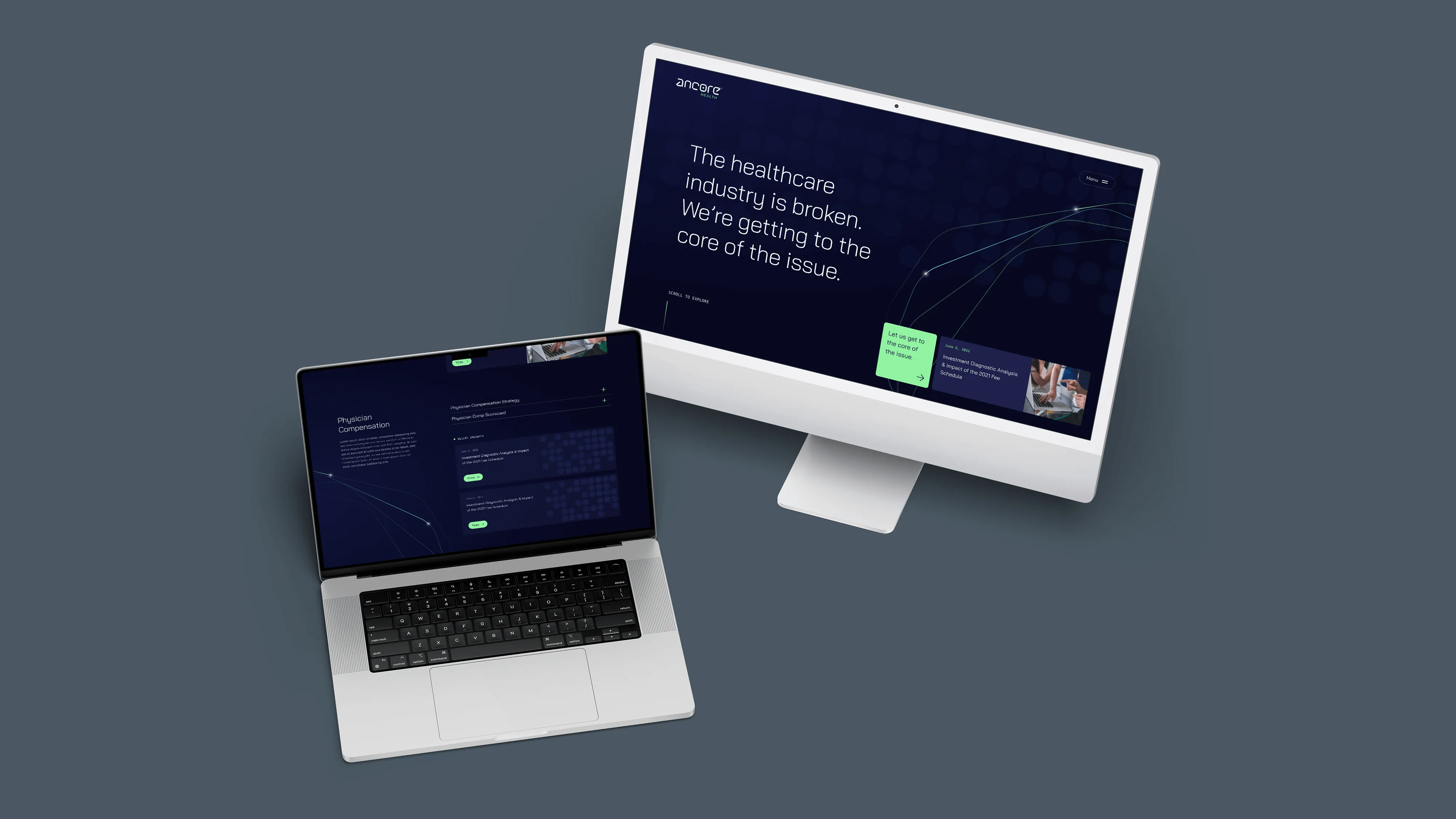 A laptop and desktop computer showing a healthcare website with the text 'The healthcare industry is broken. We're getting to the core of the issue.'