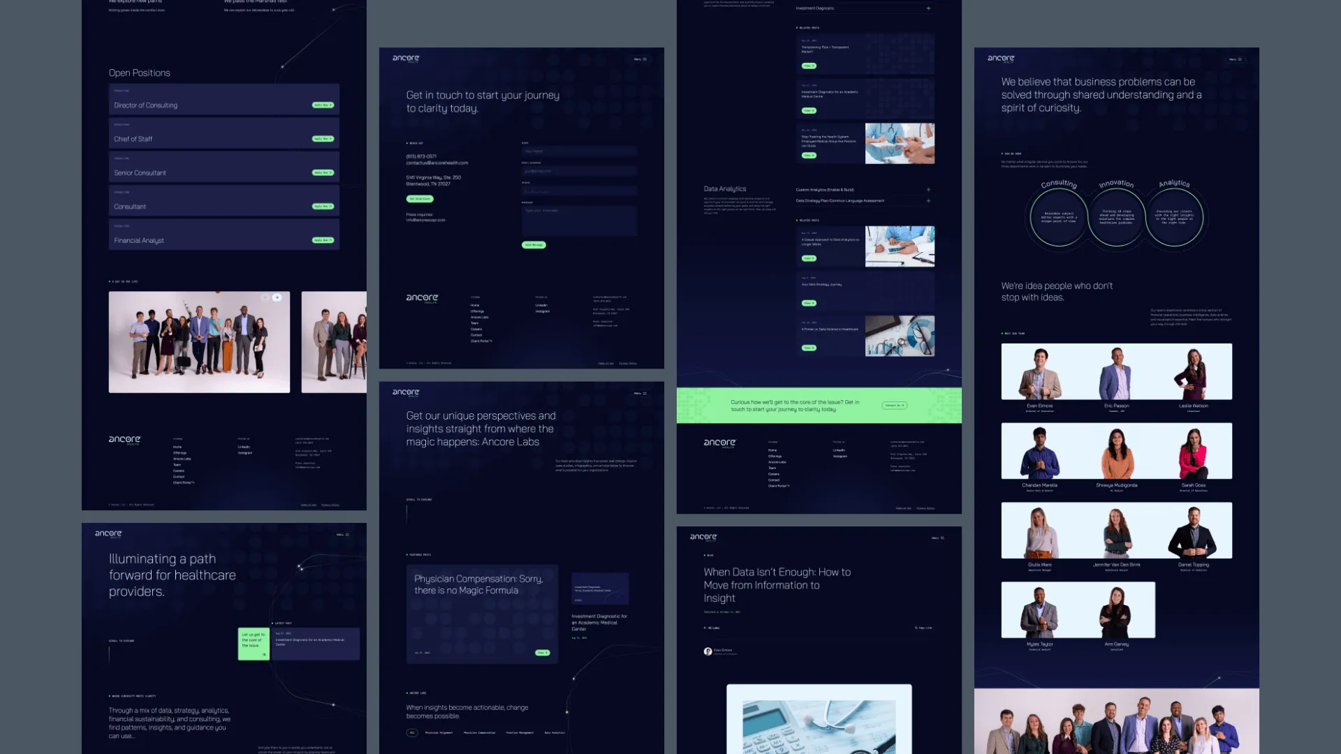 Dark-themed website design mockups showing open job positions, contact form, data analytics, company mission with team photos, and blog previews.