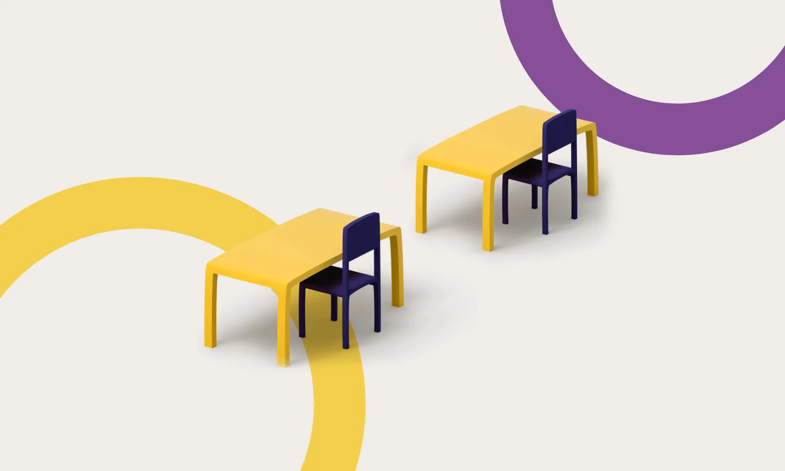 Two yellow tables each paired with a single dark blue chair, set against a light background with large yellow and purple partial circles.