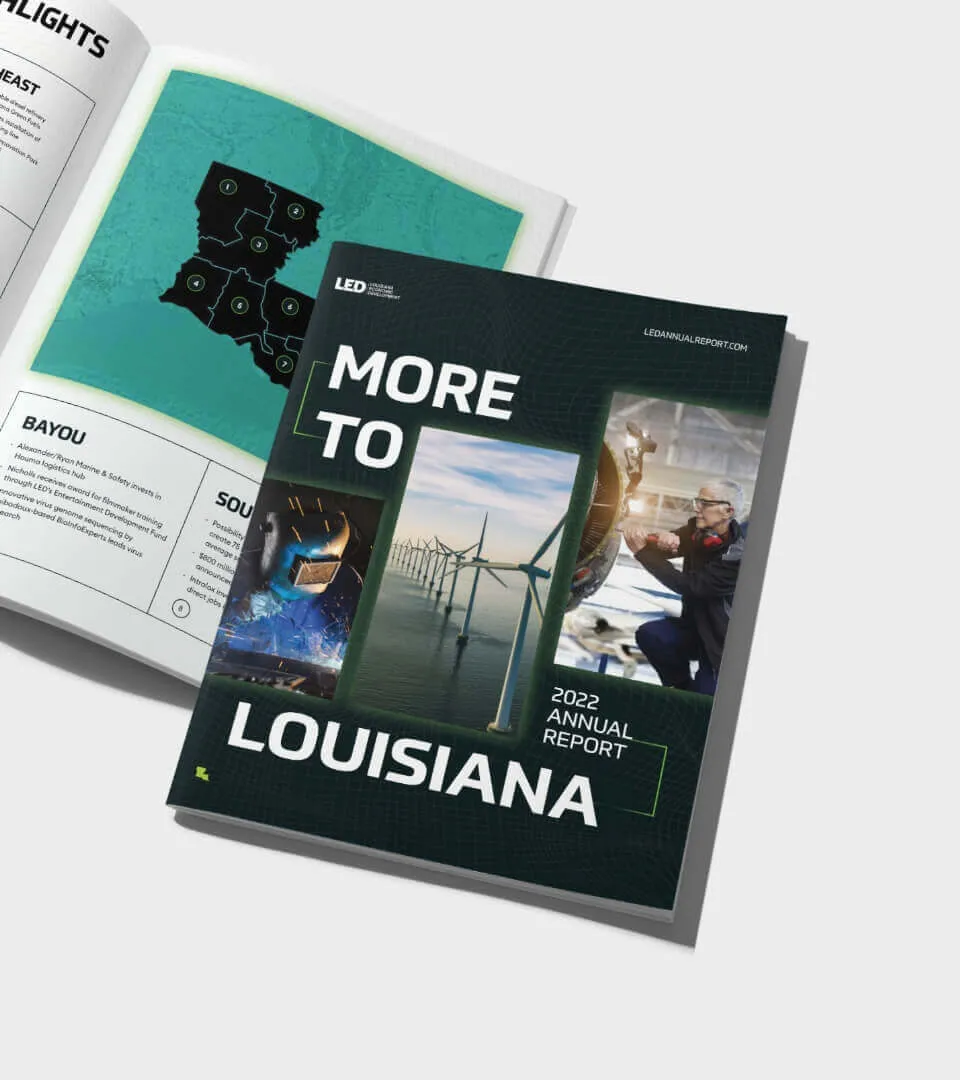 2022 Louisiana annual report booklet titled 'More To Louisiana' featuring images of welding, offshore wind turbines, and a man inspecting equipment.