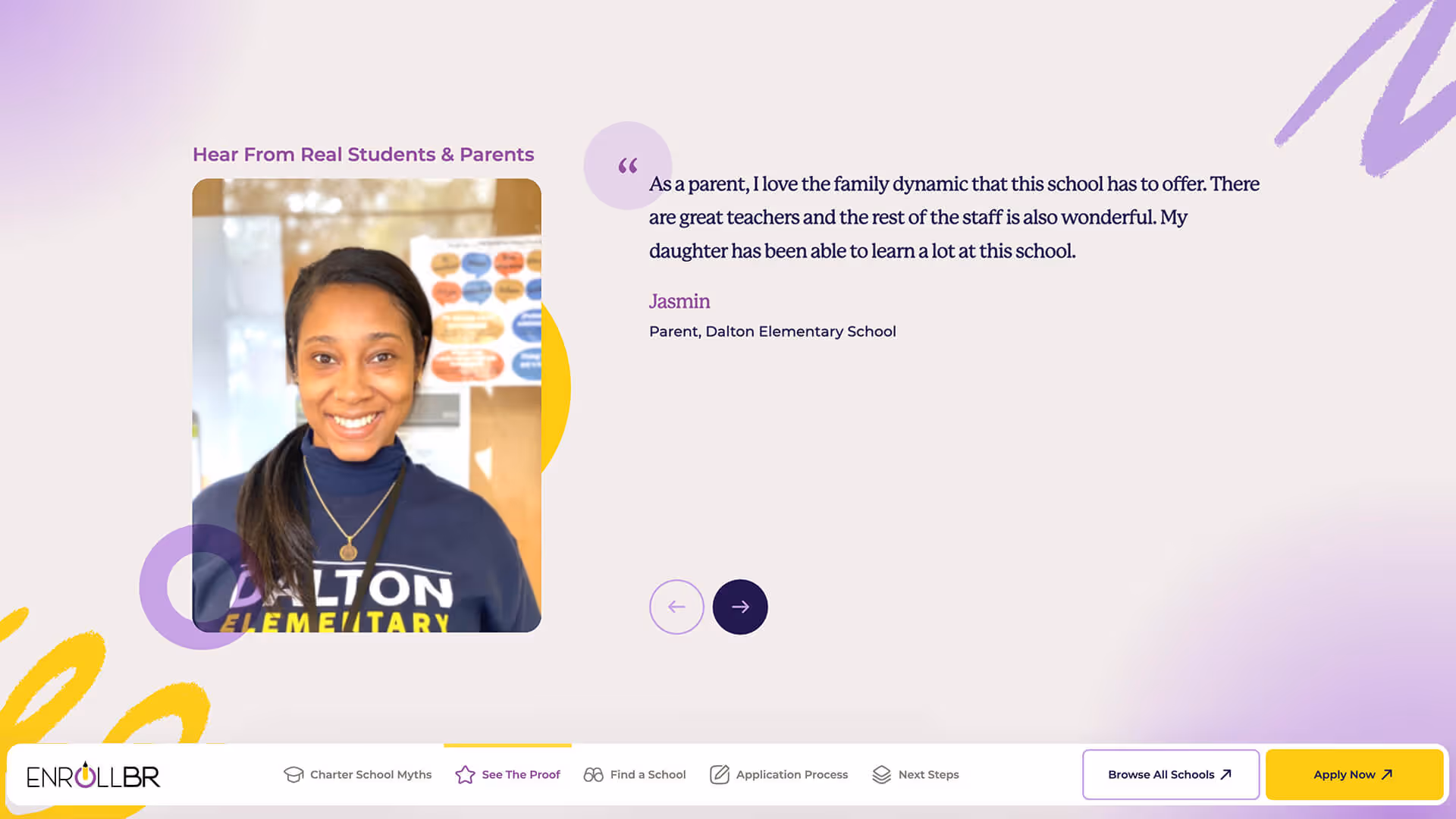 Smiling woman wearing a Dalton Elementary sweatshirt with a testimonial about the family dynamic and great teachers at the school.