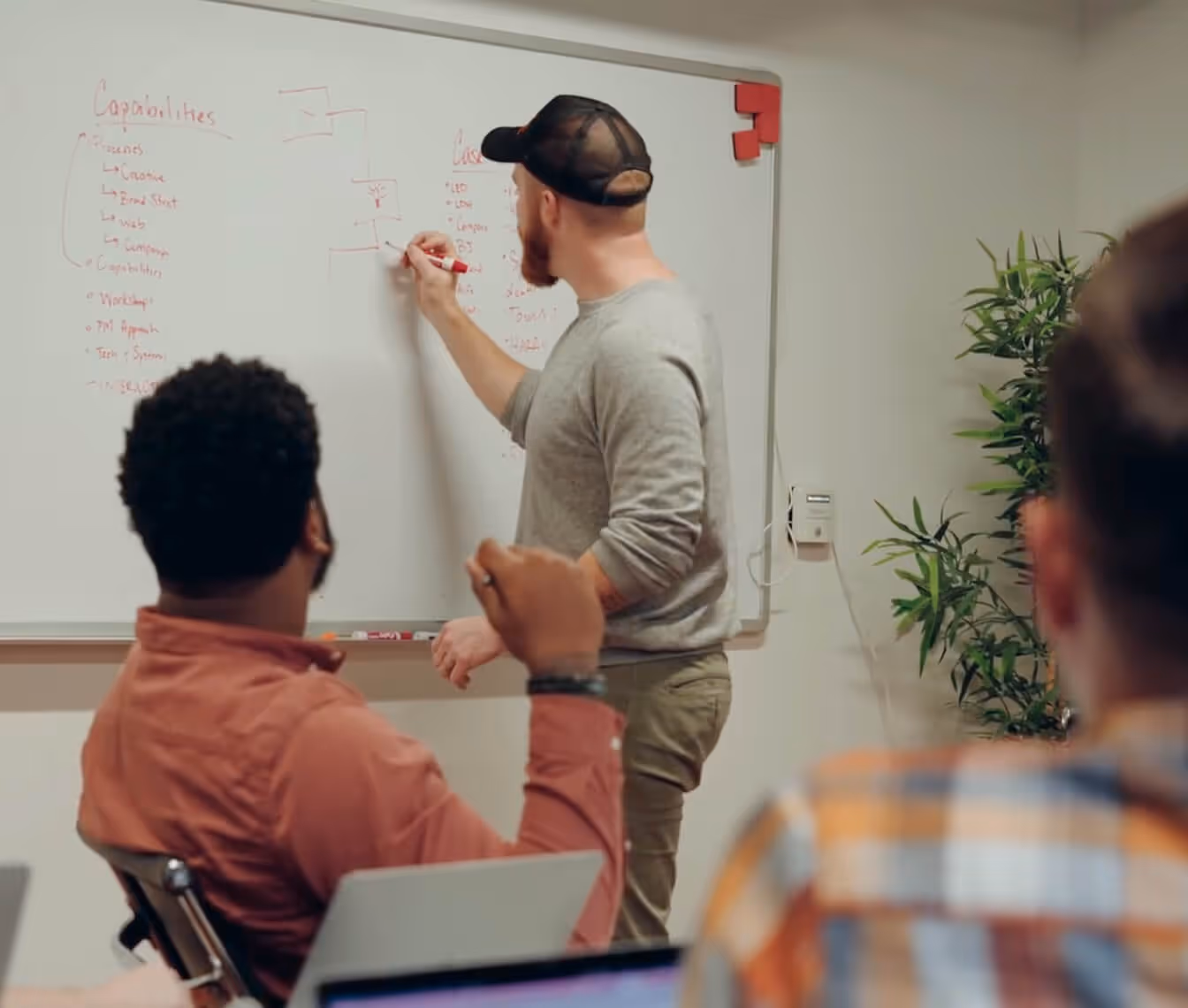 Man in a black cap writing on a whiteboard while two seated men watch during a meeting.