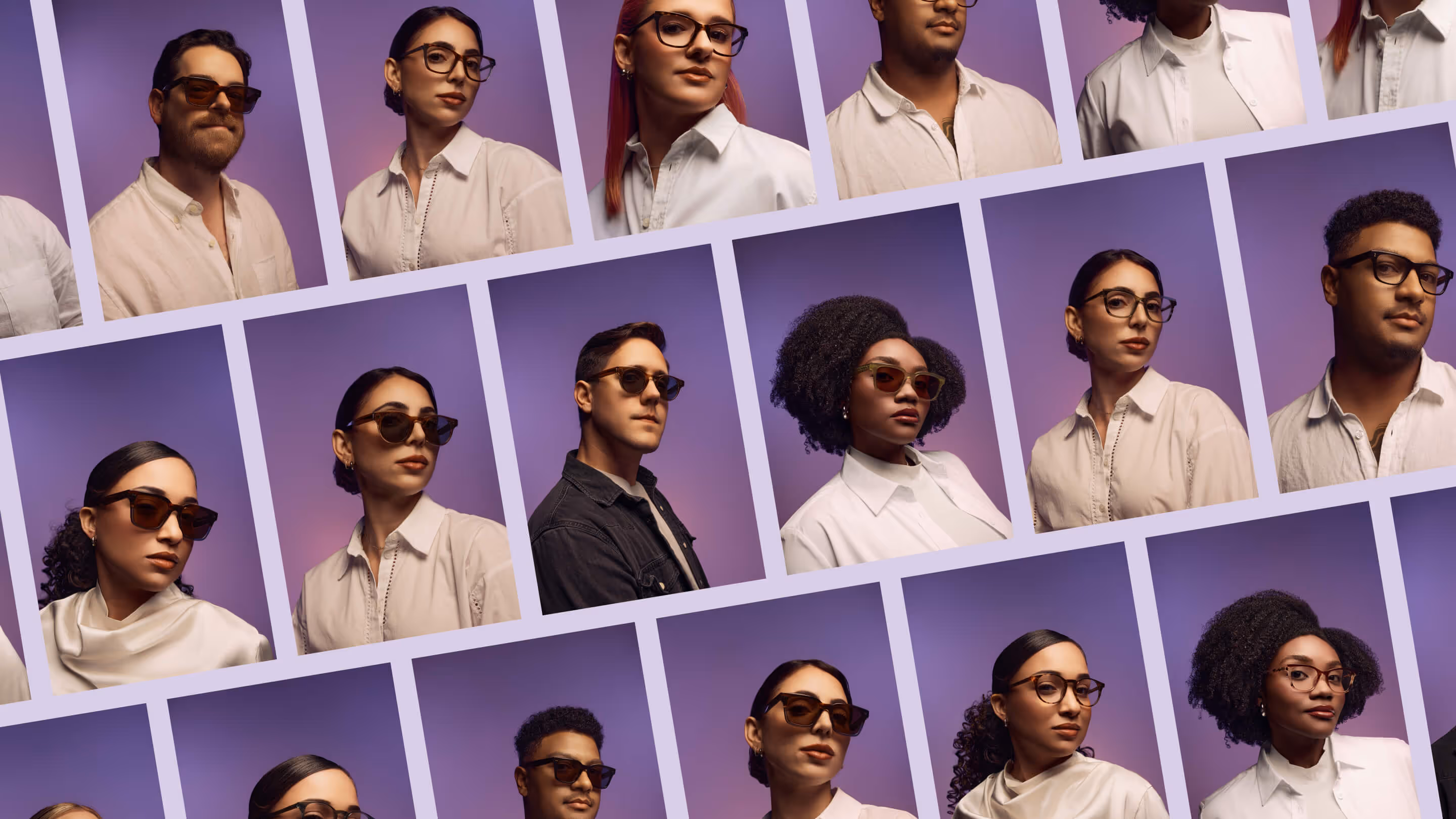 Collage of diverse young adults wearing glasses against purple backgrounds, dressed in white or neutral tops.