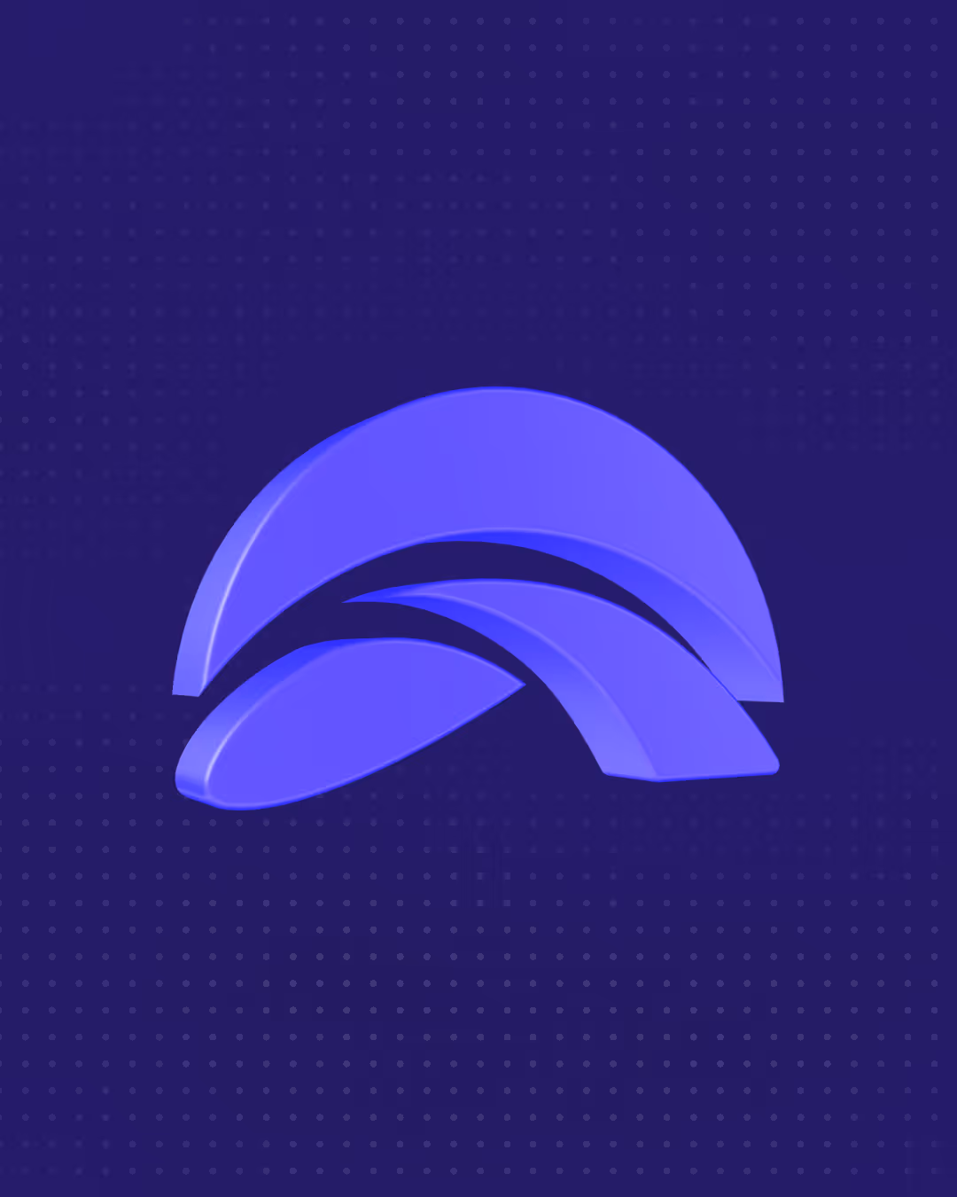 3D abstract purple shapes with smooth curved forms on a dark dotted background.