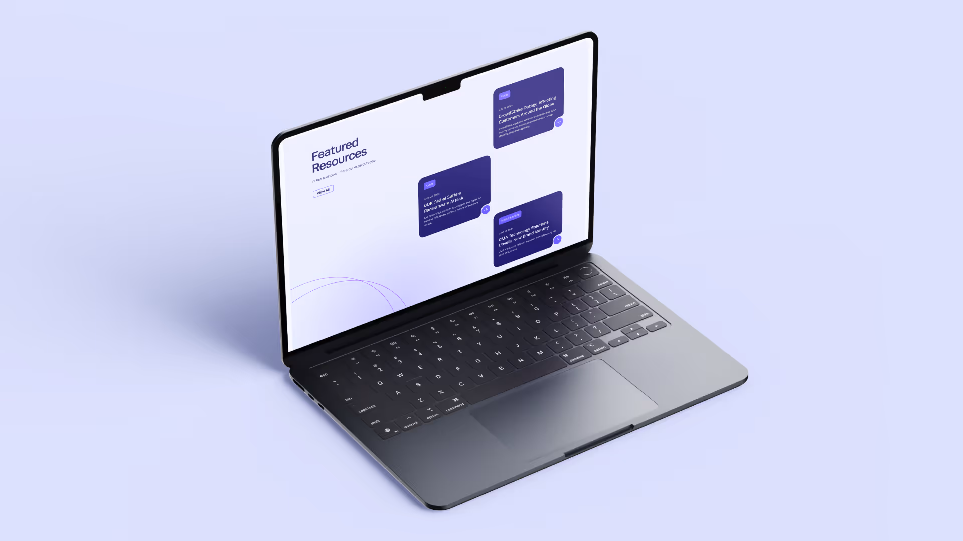 Open laptop on light purple surface displaying a webpage with featured resources in blue text boxes.