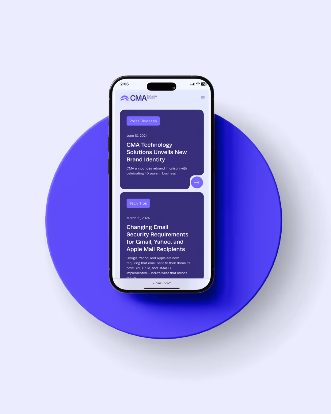 Smartphone on a blue circular stand displaying CMA Technology Solutions website with news about brand identity and email security updates.