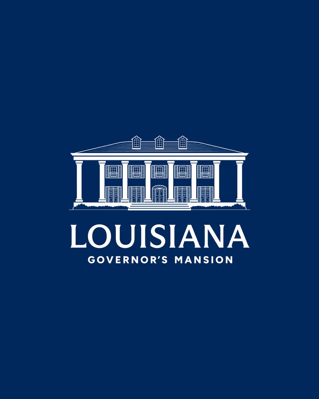 White line drawing of the Louisiana Governor's Mansion with the text 'LOUISIANA GOVERNOR'S MANSION' below on a dark blue background.