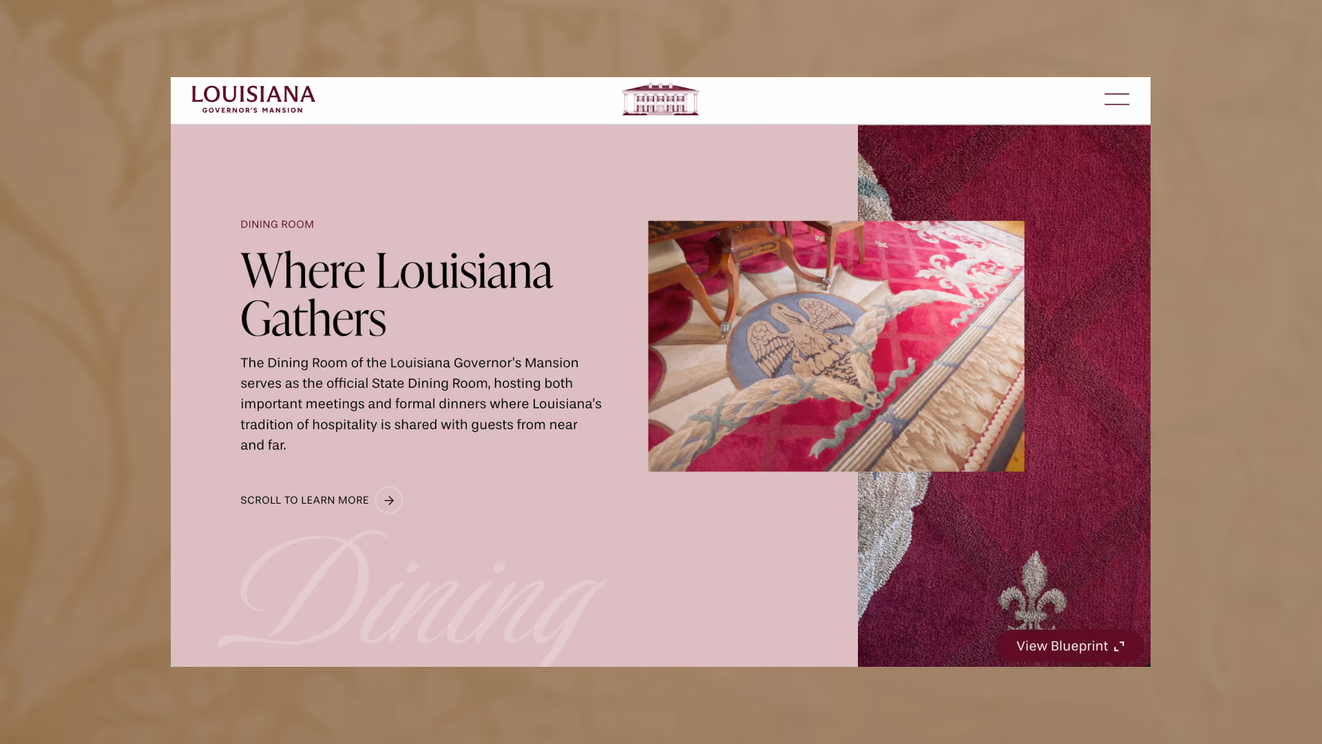 Decorative carpet with Louisiana state emblem under ornate dining chairs in the Louisiana Governor's Mansion dining room.