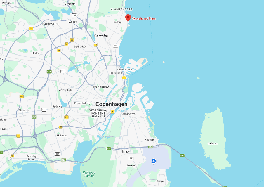Map of Copenhagen showing Skovshoved Havn north of the city centre