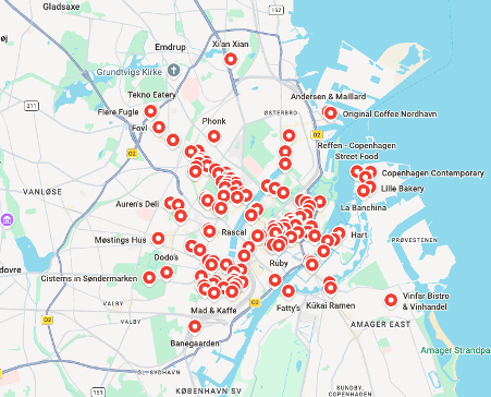 Google Maps list of recommended places across Copenhagen