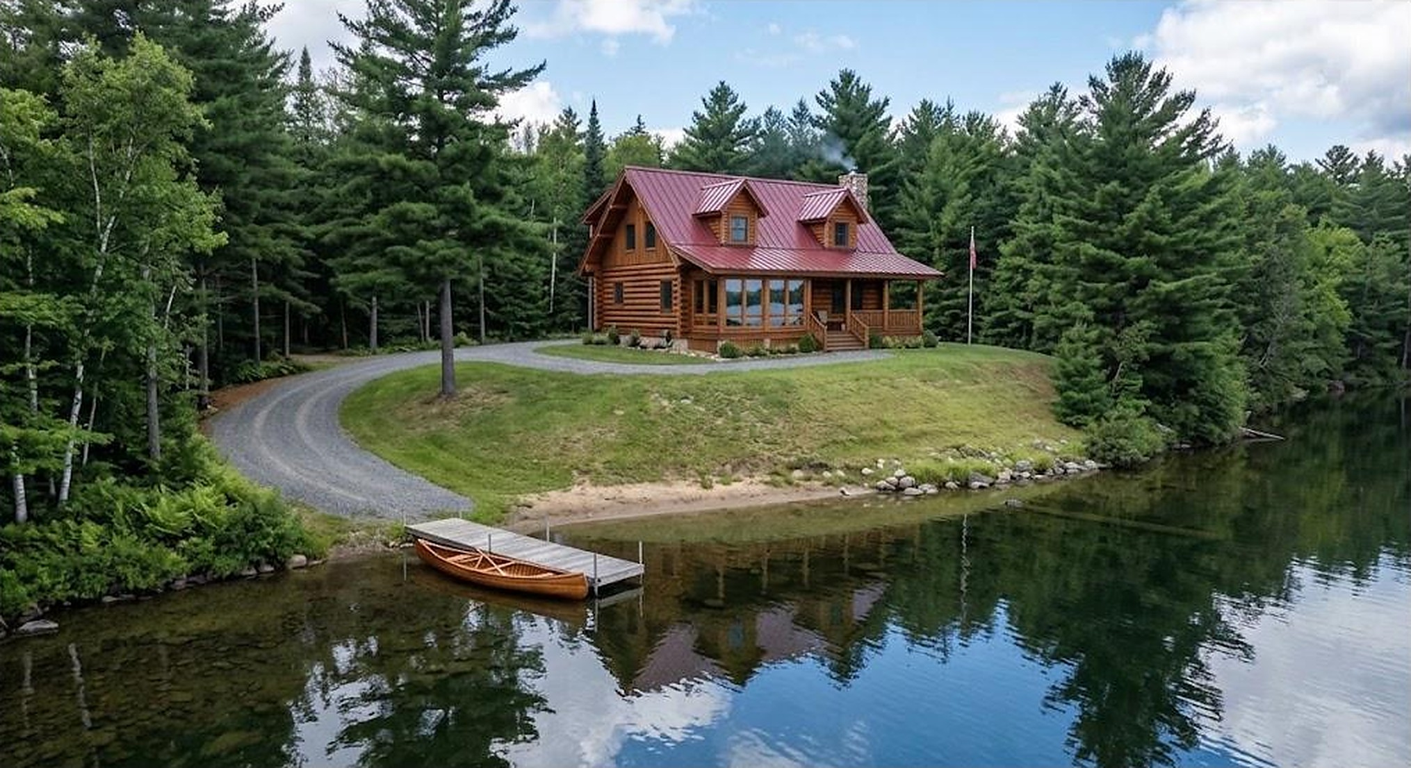 A log cabin with a red roof and a curved gravel driveway beside a lake, tucked into the pines
