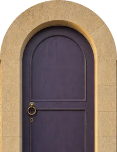 A closed plum garden door in a stone arch