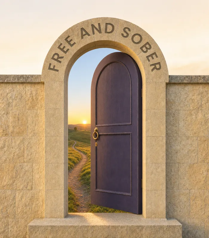 The same garden door standing ajar, with a morning path and green hills showing through the gap