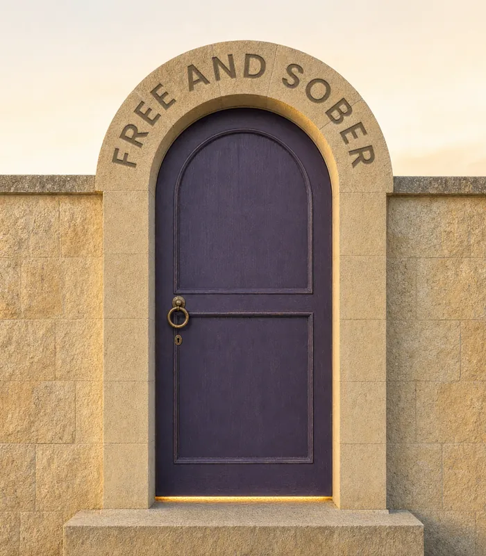 A closed plum garden door in a stone arch, with warm morning light showing under it